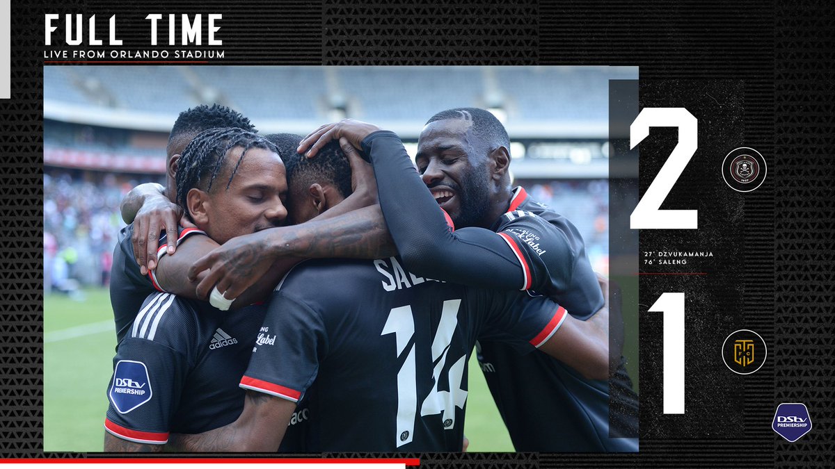 orlandopirates's tweet photo. ☠️ FT || @orlandopirates 2 - 1 @CapeTownCityFC

🥅 27' Dzvukamanja
🥅 76' Saleng

⚫️⚪️🔴⭐️
#Matchday #DStvPrem
#OrlandoPirates
#OnceAlways https://t.co/AQrus4DYDZ