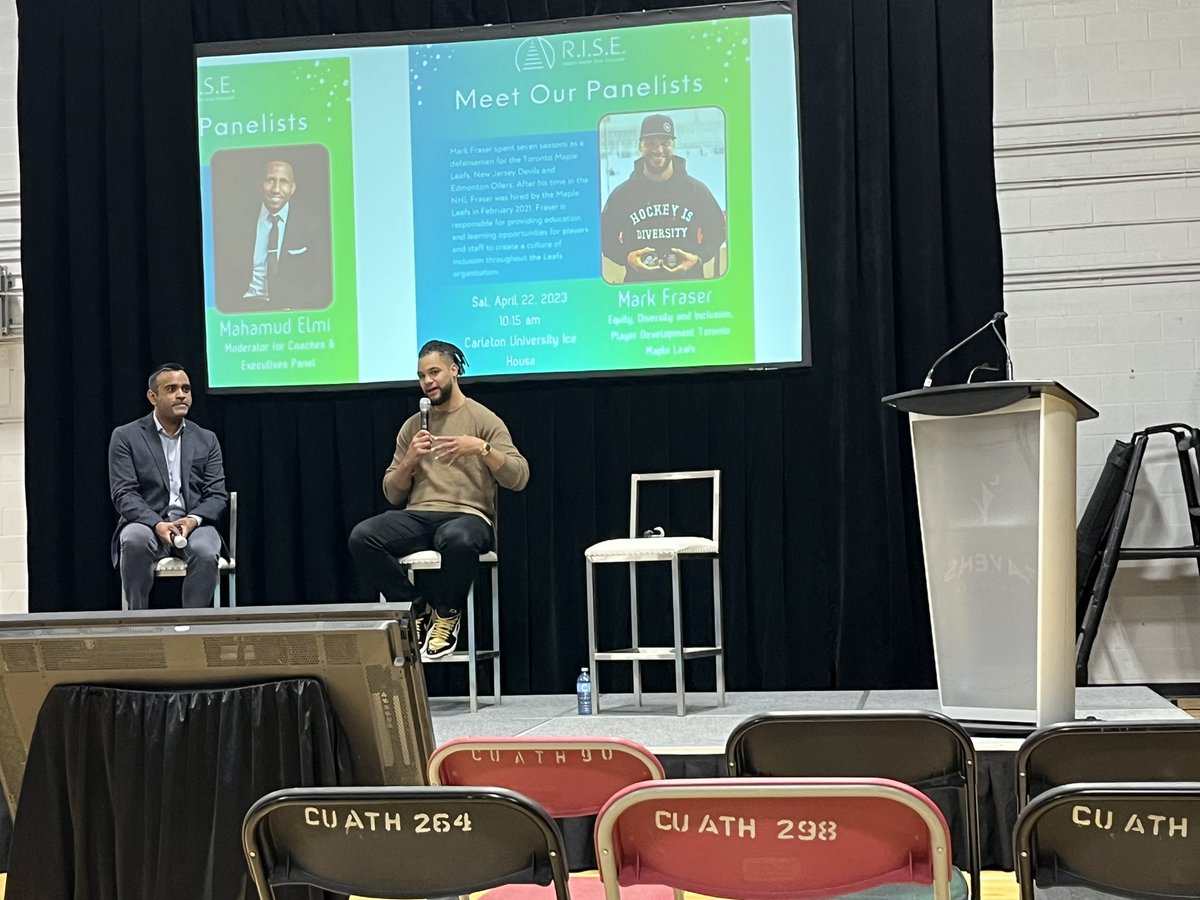 mcsaccy's tweet photo. What a fireside chat with @ian_mendes and @MapleLeafs Exec Mark Fraser. Incredible speaker and real life examples of micro aggressions and bias. Making the Leafs sooo likable! #riseacademy https://t.co/yFcPeJRATN