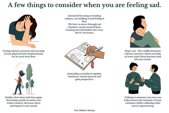 SuzieYMA's tweet photo. Sadness is an emotion that we often try to instantly fix & heal rather than hold & feel. We have to move through our emotions, not go around them. When the feeling of sadness comes over you here is a few things you can do #YouMatterAlways #sadness #feelthefeelings #movethroughit https://t.co/aqGtvEfPwE