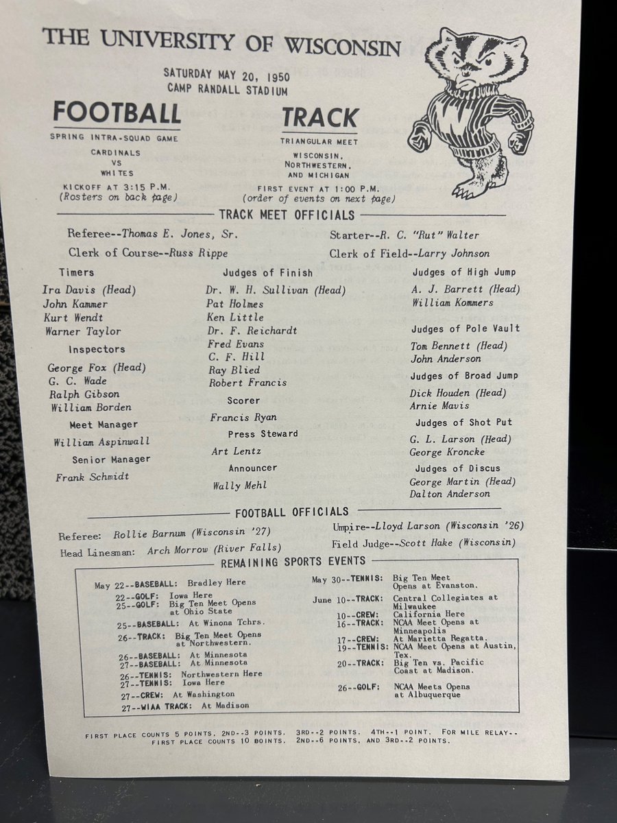 BadgersHistory's tweet photo. The @BadgerFootball spring game in 1950 offered UW fans a unique doubleheader at Camp Randall Stadium. A triangular men's track meet featuring @BadgerTrackXC, Northwestern and Michigan was staged at 1 p.m. followed by a Cardinal vs. White intra-squad game at 3:15 p.m. https://t.co/EVHAMdrav7