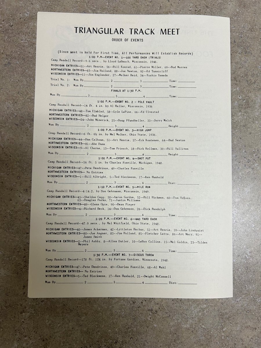 BadgersHistory's tweet photo. The @BadgerFootball spring game in 1950 offered UW fans a unique doubleheader at Camp Randall Stadium. A triangular men's track meet featuring @BadgerTrackXC, Northwestern and Michigan was staged at 1 p.m. followed by a Cardinal vs. White intra-squad game at 3:15 p.m. https://t.co/EVHAMdrav7
