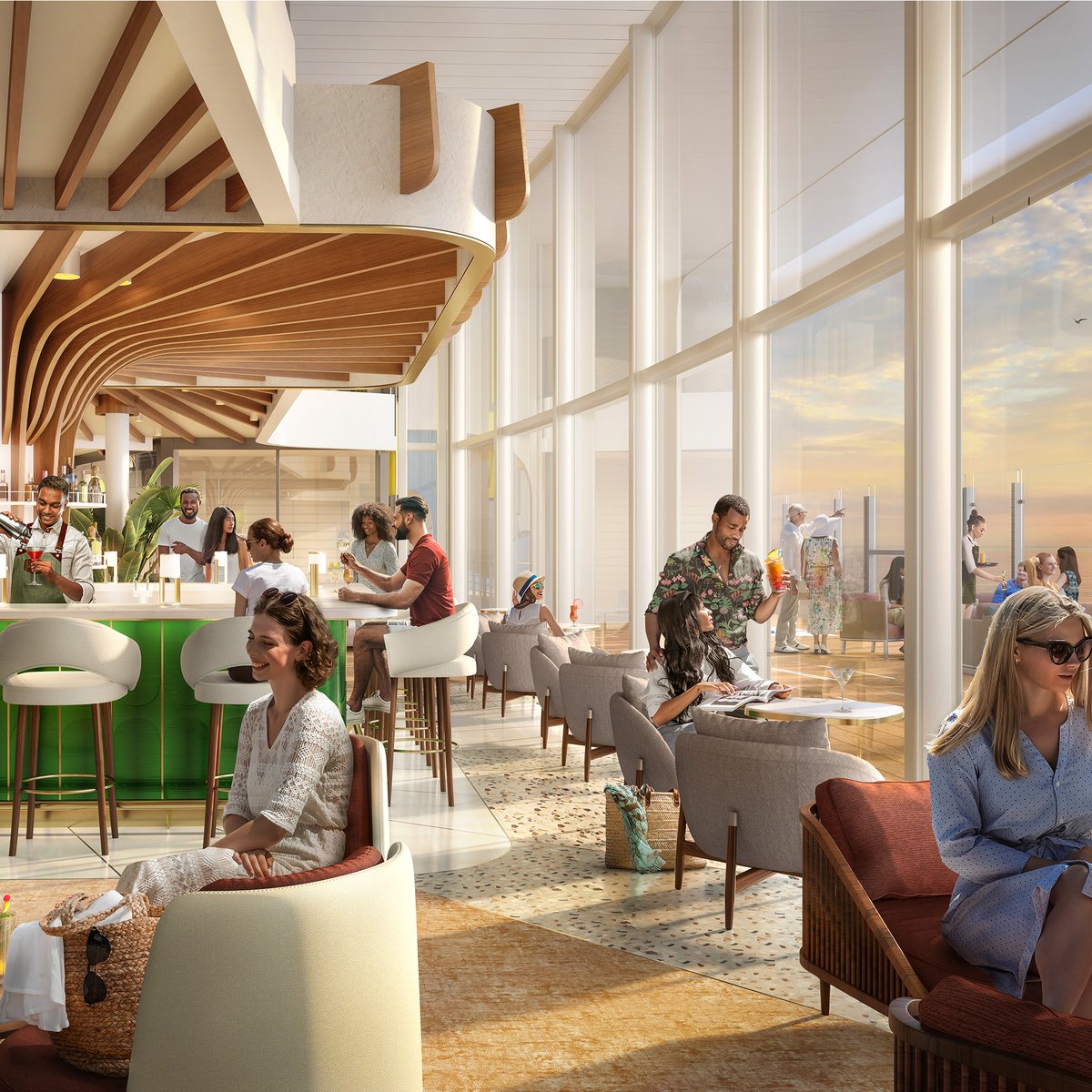 RoyalCaribbean's tweet photo. Meet us at 1400.🍸

Designed with vintage vibes to leave you with a first impression that lasts, 1400 Lobby Bar is your new meet up spot onboard #IconoftheSeas. This bar is the closest you’ll get to the waves ― and the first time the Royal Promenade has opened up to the outdoors. https://t.co/5oe8eqlhHe