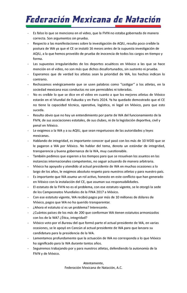 FemexNatacion's tweet photo. #FMNInforma
Posicionamiento de la FMN sobre video de World Aquatics. https://t.co/sZgfzBA4iP