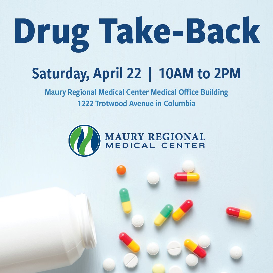 MauryRegional's tweet photo. Maury Regional Medical Center is hosting a free drug take-back event TODAY (4/22) from 10 a.m. to 2 p.m. in front of the medical center's Medical Office Building at 1222 Trotwood Avenue in Columbia. 

Learn more at https://t.co/rwIhbozg29. https://t.co/h3X634nE0M