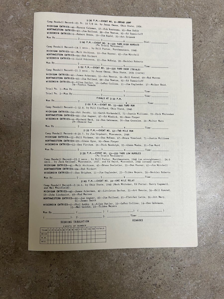 BadgersHistory's tweet photo. The @BadgerFootball spring game in 1950 offered UW fans a unique doubleheader at Camp Randall Stadium. A triangular men's track meet featuring @BadgerTrackXC, Northwestern and Michigan was staged at 1 p.m. followed by a Cardinal vs. White intra-squad game at 3:15 p.m. https://t.co/EVHAMdrav7