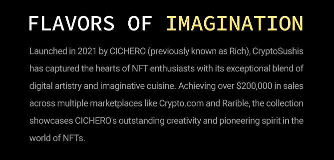 CryptoSushis's tweet photo. Flavors of Imagination✨
Sharing a little more about Cryptosushis history 🍣

#nft #nfts #nftdrop #nftcollection #Nftcommunity #nftart #nftarwork #nftsales #cryptosushis #cryptotwitter #cryptocommunity https://t.co/4aPcAlBN4h
