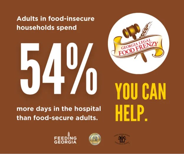 GeorgiaYLD's tweet photo. Health and hunger are undeniably linked. Did you know adults in food-insecure households spend 54% more days in the hospital than food-secure adults?
A donation of just $1 to Feeding Georgia can provide 4 meals for these households. Will you pitch in?
#GALFF https://t.co/dc2k0tz41D