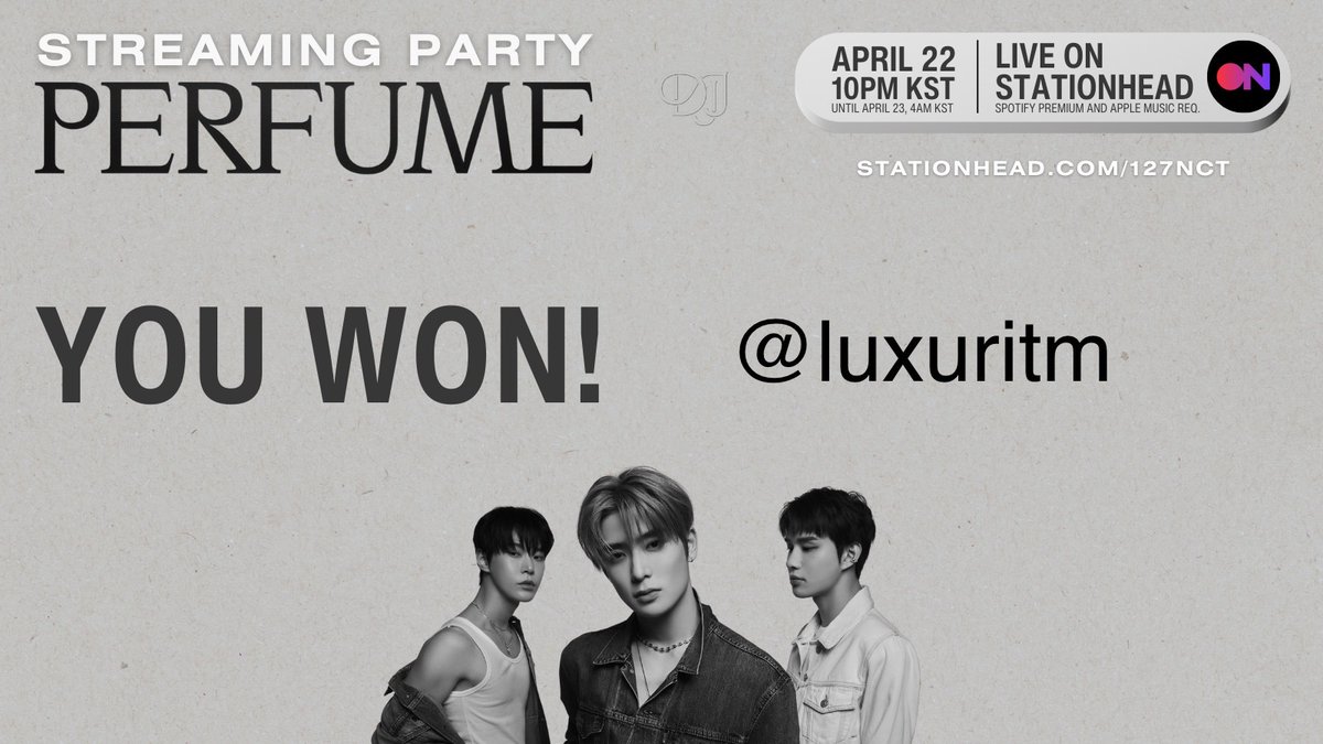 DJJGLOBAL's tweet photo. NCT DOJAEJUNG 'Perfume' Party
Giveaway winner: @luxurltm 🎁
If you're interested in winning an album, tune into our #PerfumeParty!
#NCT_DOJAEJUNG #DOJAEJUNG
#DOJAEJUNG_Stream
LIVE ON: https://t.co/FvL2TFzgay https://t.co/zWxOwhOPfO