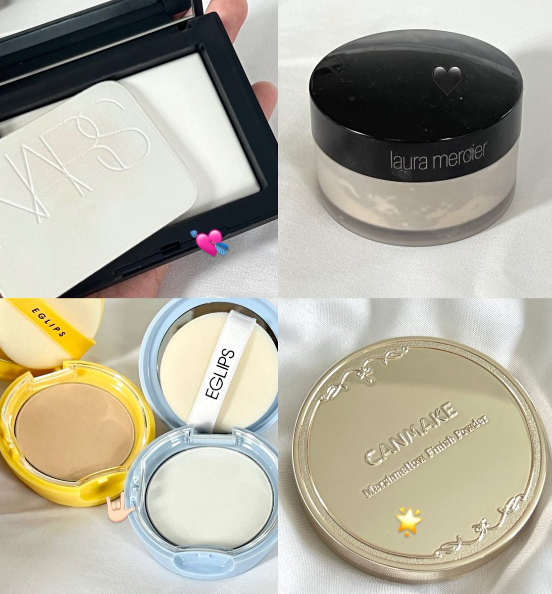 itfeelstory's tweet photo. วันนี้มารีวิวแป้งนางฟ้า 4 ตัวในใจ nars, laura mercier, eglips, canmake ตำนานทุกตัว มาเทียบแบบชัดๆ เลยว่าตัวไหนดียังไง แตกต่างกันตรงไหน เนียนเหมือนกันแต่ฟินิชไม่เหมือนกันนะ ตั้งแต่ถูก-แพง รีวิวจริงแบบโนสปอน💘🌟🤌🏻 https://t.co/KYJemXhzh0