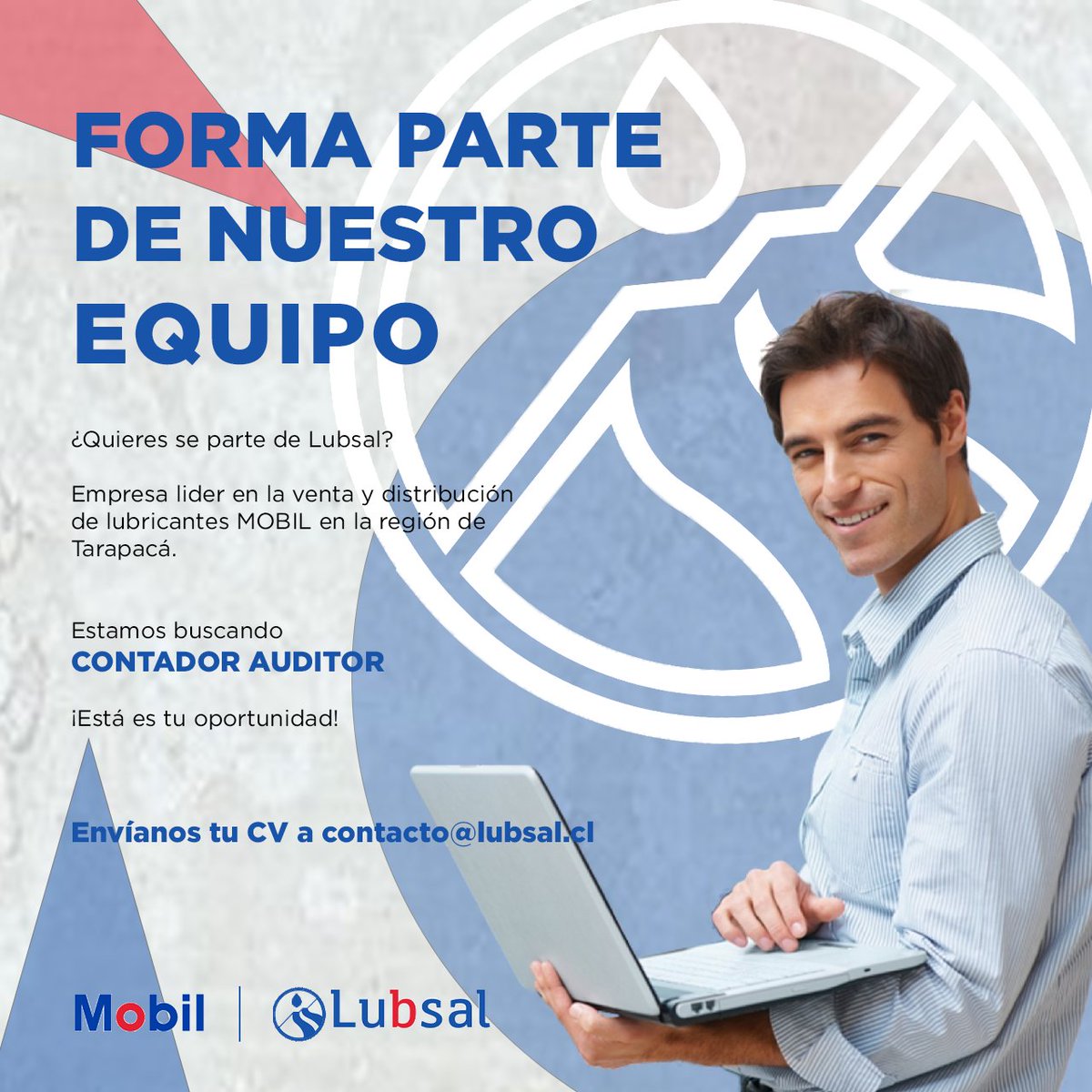 Lubsal1's tweet photo. ¡Buscamos Contador Auditor!

Si estás interesado en trabajar con la empresa líder en ventas y distribución de lubricantes mobil en la región de Tarapacá, solo envíanos tu CV a: contacto@lubsal.cl  

#lubsal #mobil #empleo #trabajo #Tarapacá https://t.co/QvVvnE2WKb