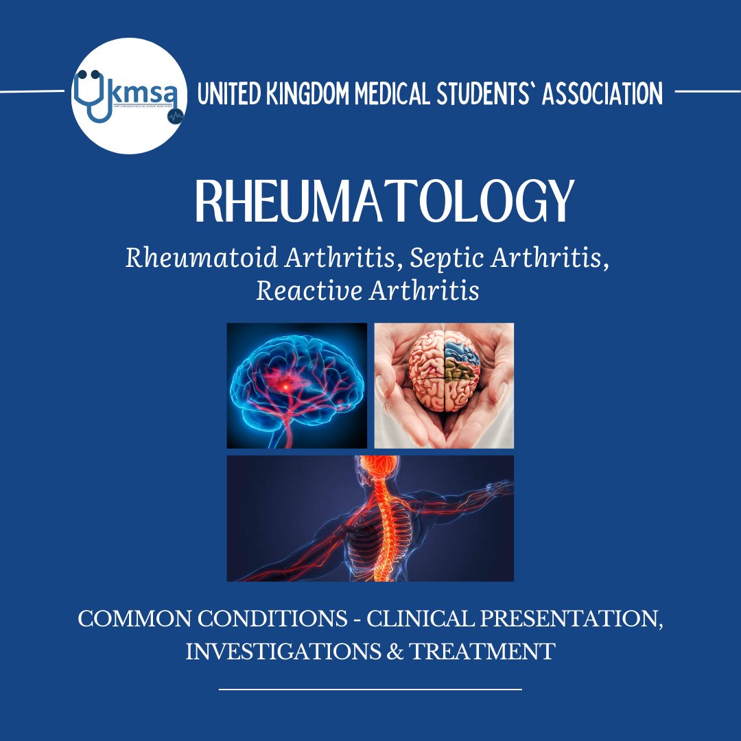 UKMSA22's tweet photo. ***Infographic​​​***
As part of this month's education resources, we have compiled an infographic based on relevant information from our revision slides.

Today, we're highlighting three rheumatological conditions: Rheumatoid Arthritis, Septic Arthritis &amp; Reactive Arthritis. https://t.co/rfte8tF3H1