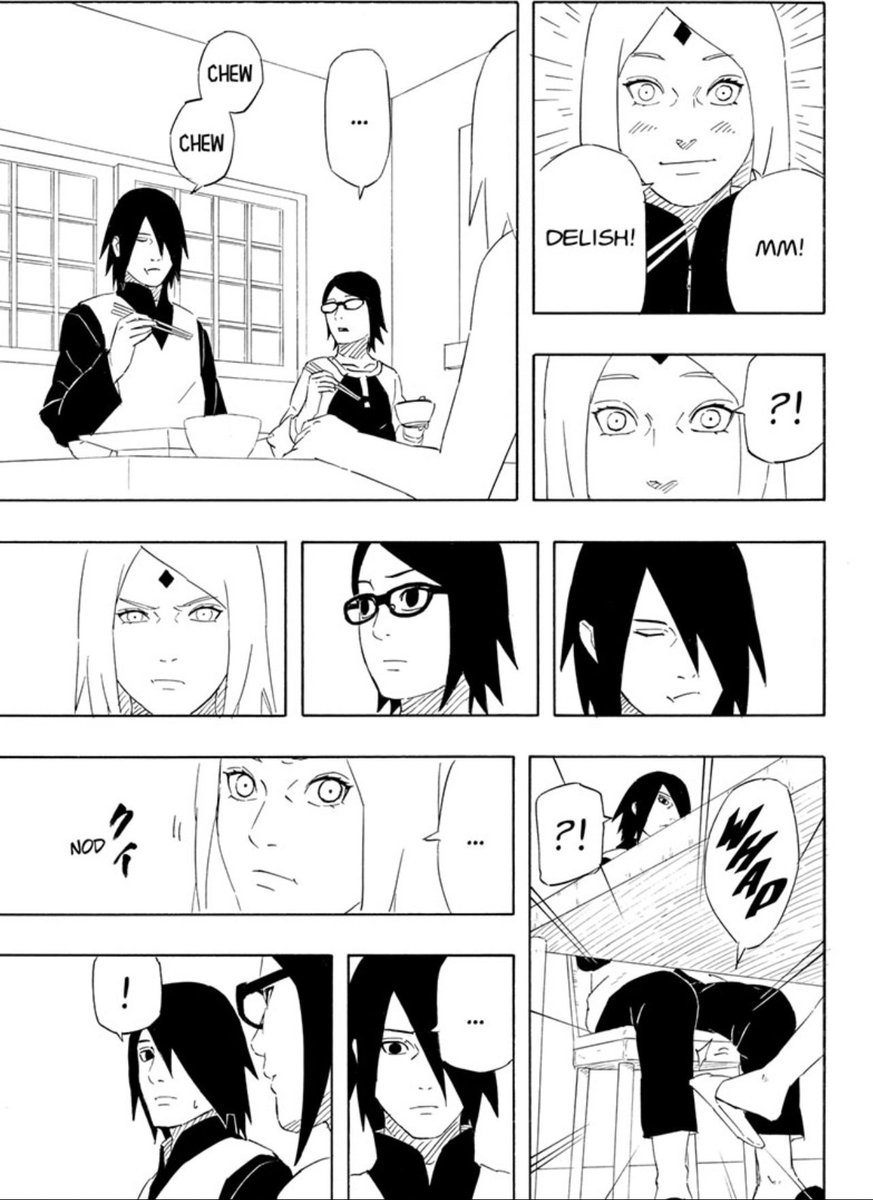 yurisasusaku's tweet photo. SAKURA KICKING SASUKE UNDER THE TABLE SO HE COMPLIMENTS SARADA’S COOKING 😭😭😭 THEYRE SO FUNNY😭 #SasukeRetsuden https://t.co/xHJU7aWKIe