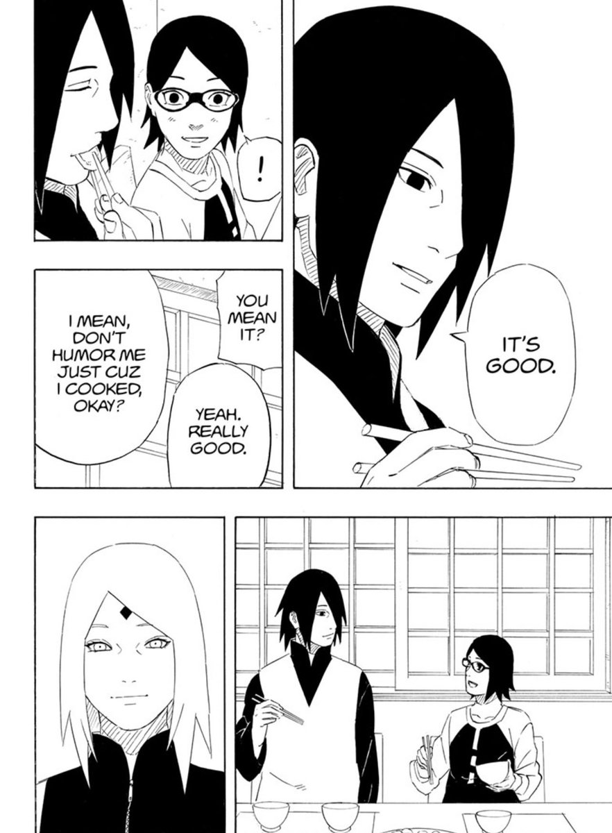 yurisasusaku's tweet photo. SAKURA KICKING SASUKE UNDER THE TABLE SO HE COMPLIMENTS SARADA’S COOKING 😭😭😭 THEYRE SO FUNNY😭 #SasukeRetsuden https://t.co/xHJU7aWKIe