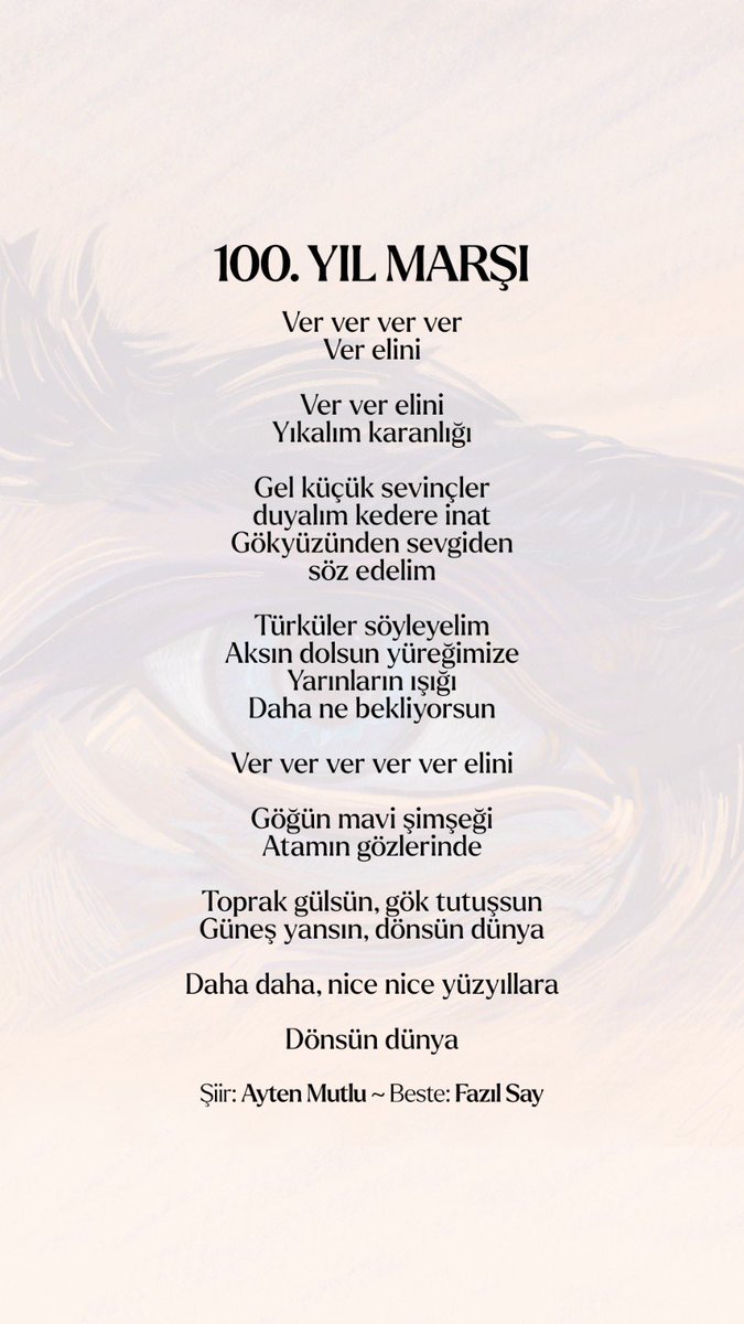 fazilsaymusic's tweet photo. Size ilk olarak, Marş şiirimizi sunmak istiyorum. Şair Ayten Mutlu’nun 1984 yılında yayınlanan şiir kitabındaki umut dolu “Ver Elini”  şiirinin “100. YIL MARŞI” olabileceğini bir kaç ay önce düşündüm, kendisi geçen ay “100. Yıl” ile ilgili gerekli eklemelerini yaptı. https://t.co/zdwC0nI8I3
