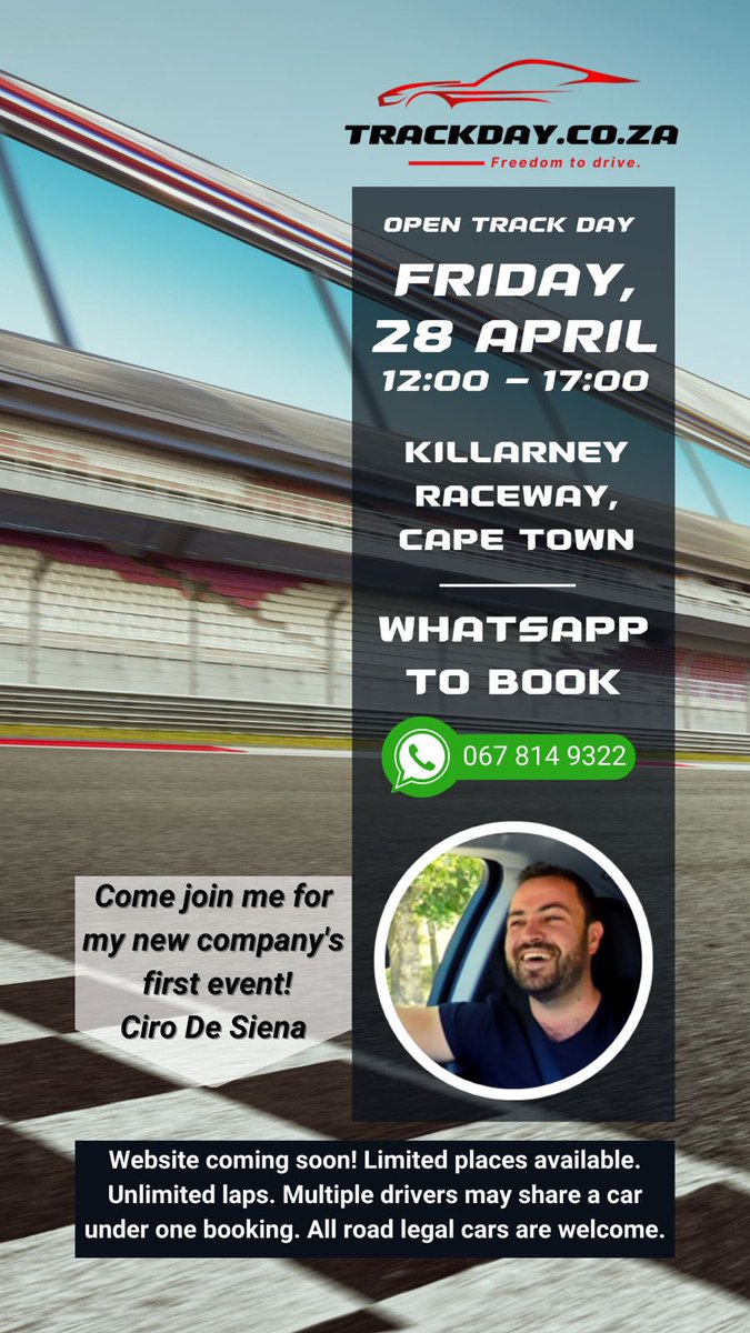 Garage_72's tweet photo. This is going to be a great event, WhatsApp to book!
067 814 9322
@CiroDeSiena @Yovanie #TrackDay #KillarneyRaceway ๐๐๐ https://t.co/0BXkVDrBjA