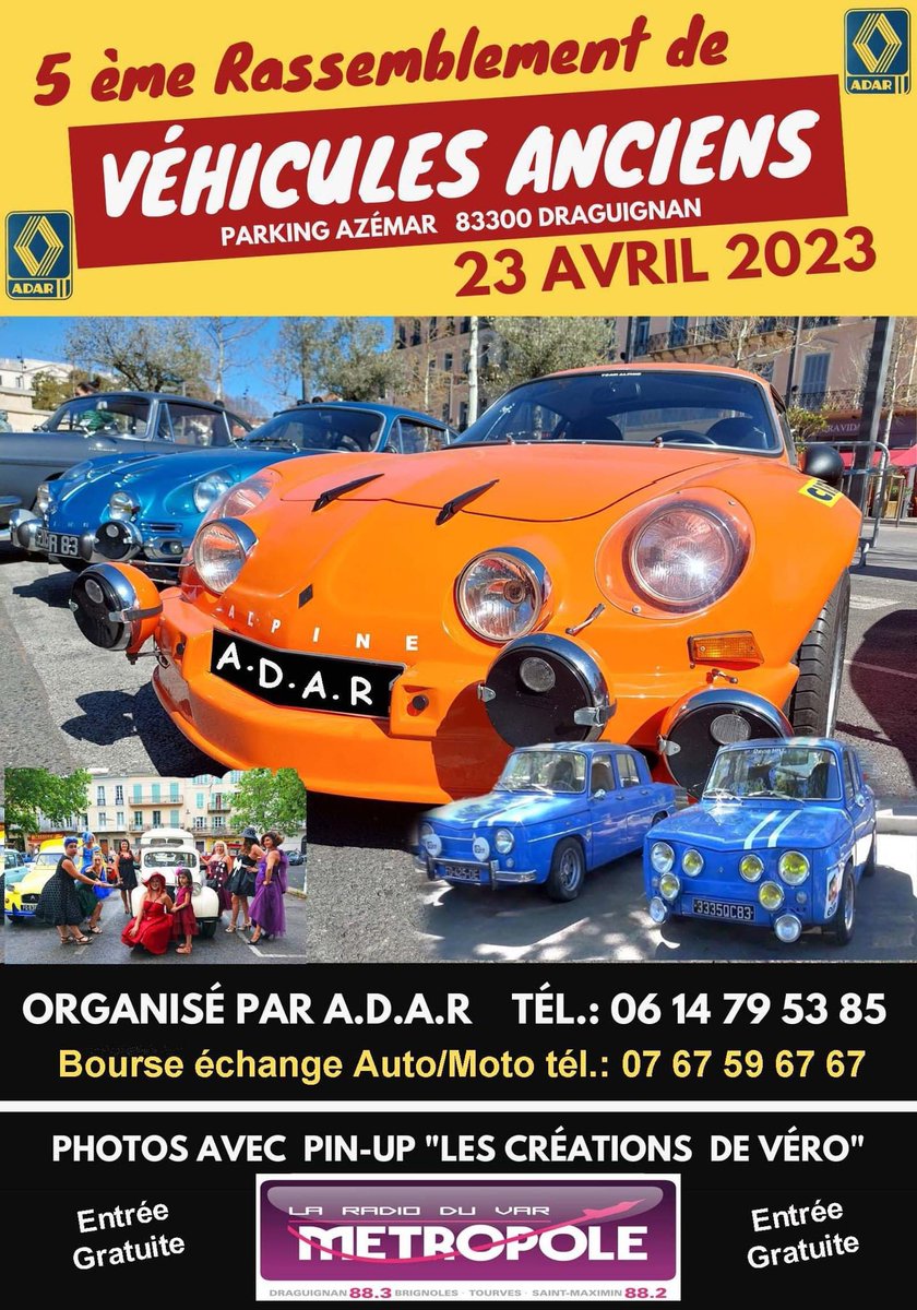metropolradio's tweet photo. Prochain rendez-vous en dracénie : un magnifique rassemblement de voitures anciennes !
L'A.D.A.R organise son 5ème rassemblement de véhicules anciens le 23 avril 2023 sur le parking Azémar à Draguignan.
Métropole Radio, partenaire de vos évènements... https://t.co/afaCQE8Ao0