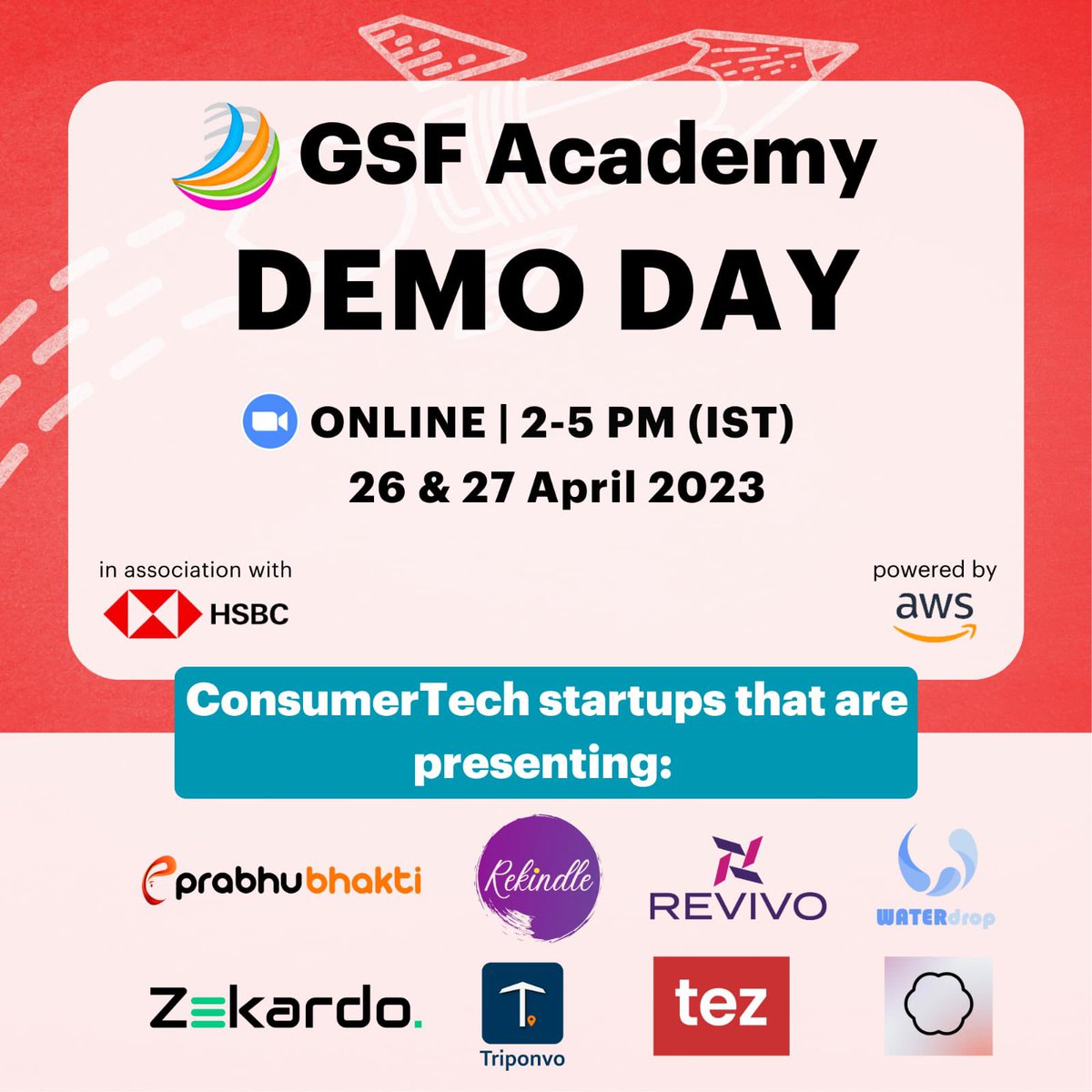 🚀4 days to go for India's Biggest Demo Day, with pitches by more than 100 startups incubated by GSF Academy🔥

Here are the names of ConsumerTech startups which will be pitching on our Demo Day. 

Register: forms.gle/FvdsuSfxNP6XTk…

<a href="/rajeshsawhney/">Rajesh Sawhney 🇮🇳</a> <a href="/nlaiq/">Niyaz Laiq</a> <a href="/masa_yamamoto18/">Masa Yamamoto 🇮🇳</a>