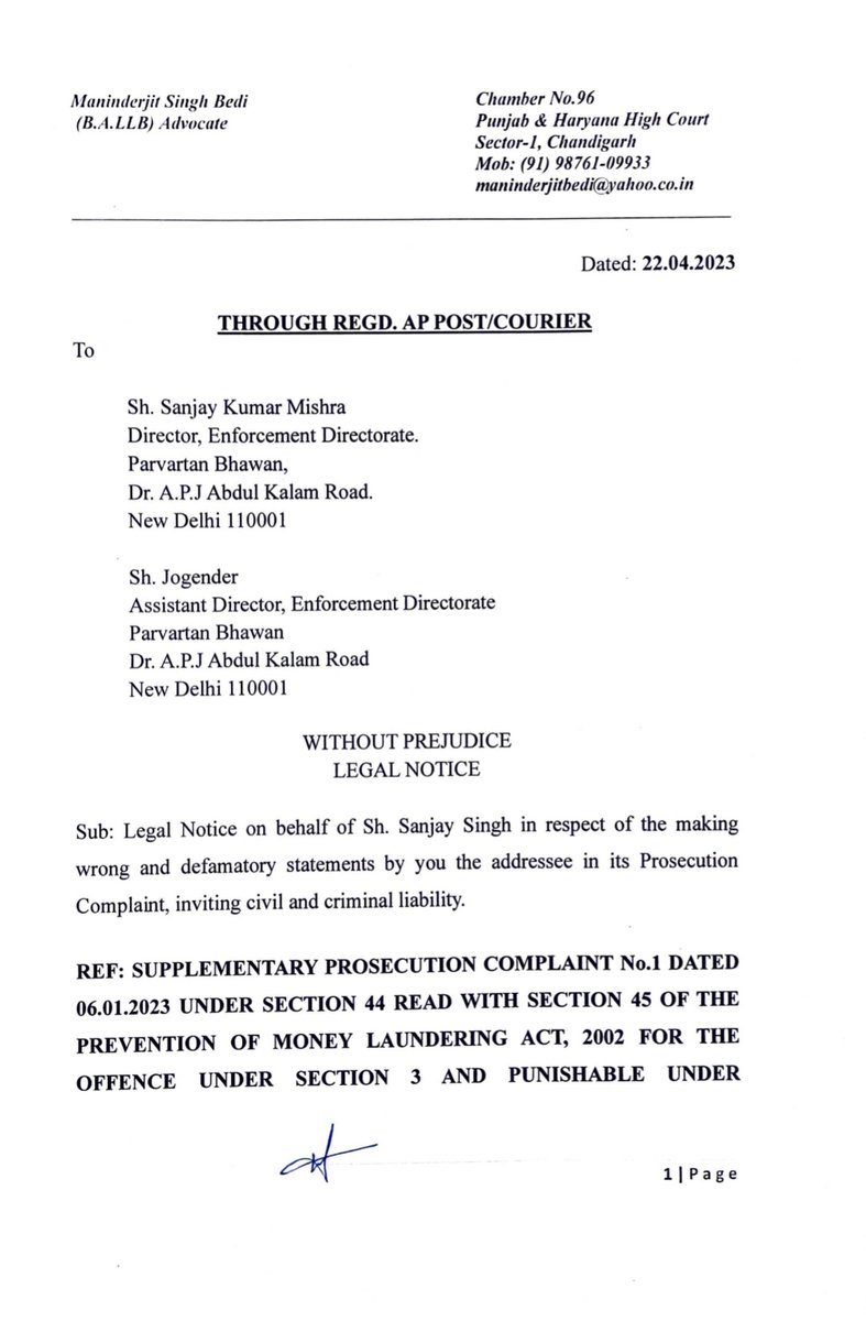 AamAadmiParty's tweet photo. ‼️BIG NEWS‼️

AAP MP Sanjay Singh serves Legal Notice to ED

▪️ED has attempted to popularise a false, malicious campaign against @SanjayAzadSln's alleged involvement in Delhi Excise Policy

▪️Issue an open and public apology within 48 hours, else face criminal proceedings https://t.co/MqOWMkmQz5