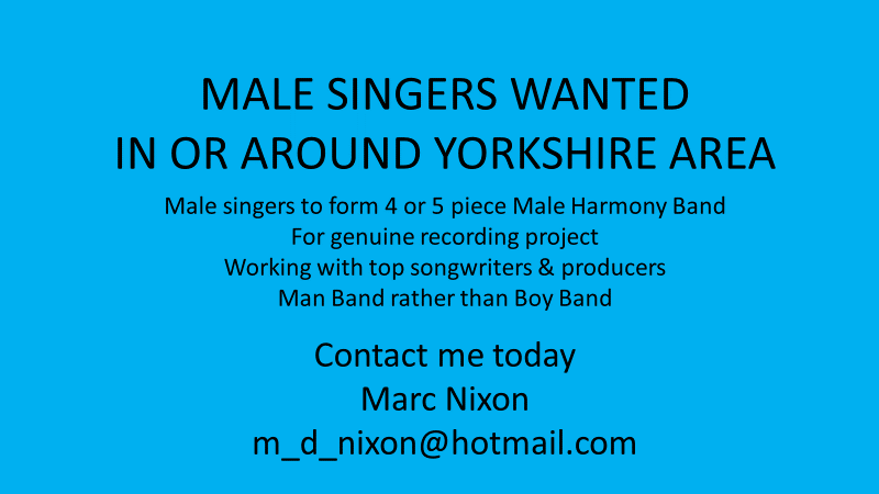 SHOUT OUT TO YORKSHIRE MALE SINGERS
If you are a male singer or know of a singer, get them to get in touch if interested we are looking for you now! @GreatYorksRadio @denemichael @TonyStowell3 @BBCRadioLeeds @BBCYork #singers #music #bands #recordingstudios