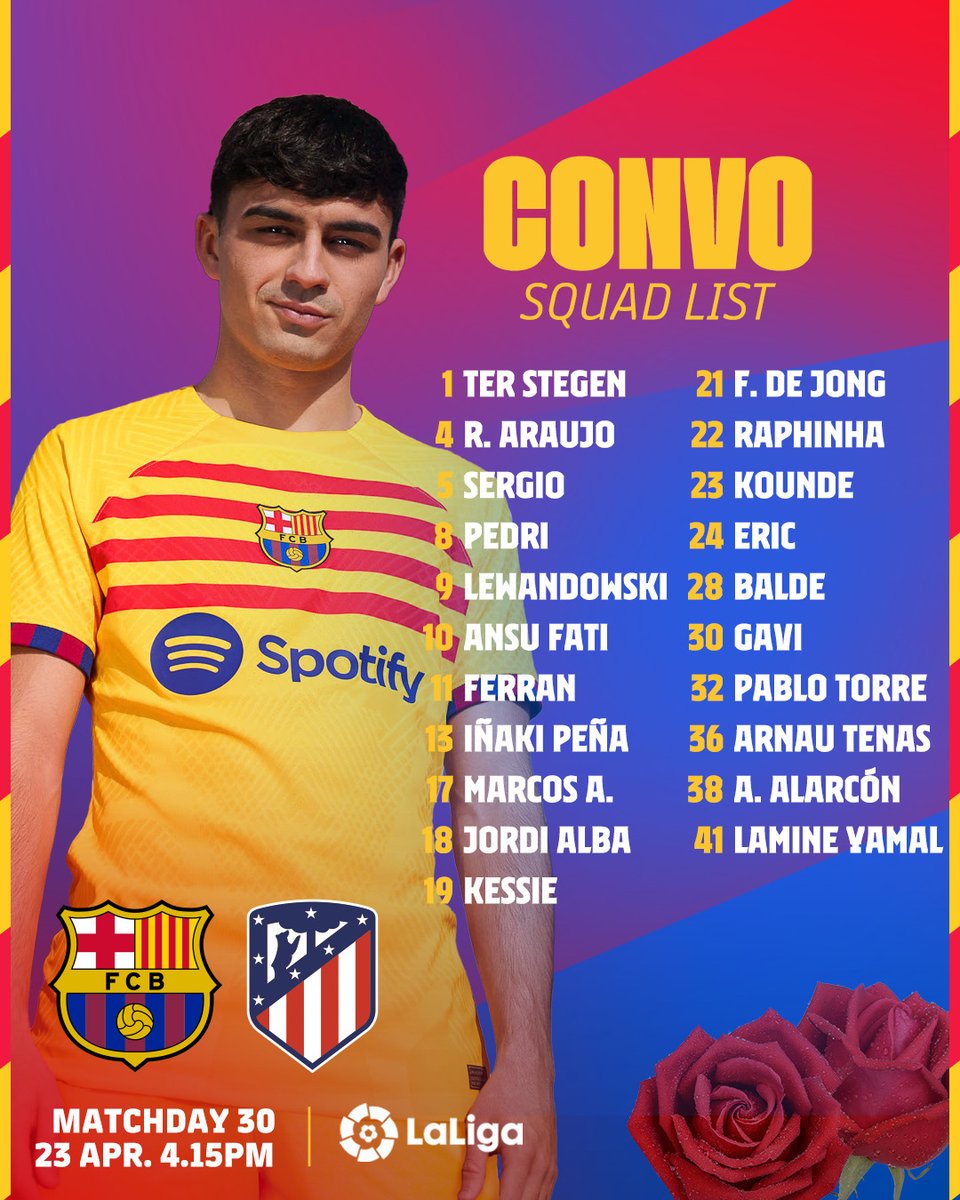 FCBarcelona's tweet photo. 🚨 The squad for #BarçaAtleti! https://t.co/onyU4XoUQL
