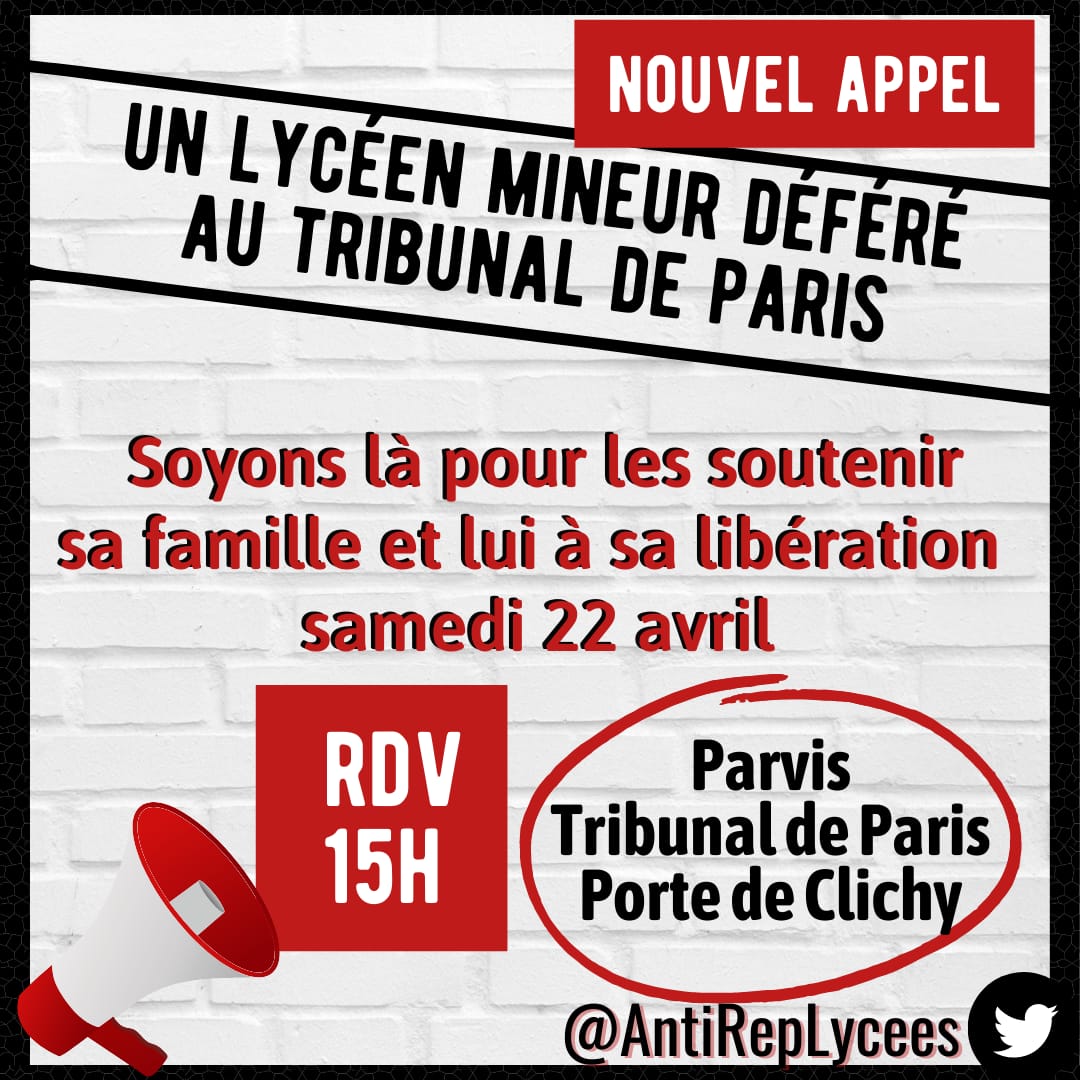 🔴 Toujours pas libéré, nouvel appel à rassemblement au TGI à 15h <a href="/AntiRepLycees/">Collectif Anti Répression Lycées - Paris IDF</a> <a href="/SolidairesParis/">Solidaires Paris</a>