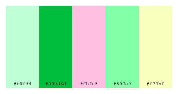 ColPaletteBot's tweet photo. Beep beep, here's a pretty color palette for you!
color-scheme.js parameters used:
- hue: 339
- variation: default
- colors: #bfffd4, #00bd3d, #ffbfe3, #80ffa9, #f7ffbf
Have a lovely day!
#twitterbot #colorpalette #colors #palette #prettycolors https://t.co/mh5335oX9M