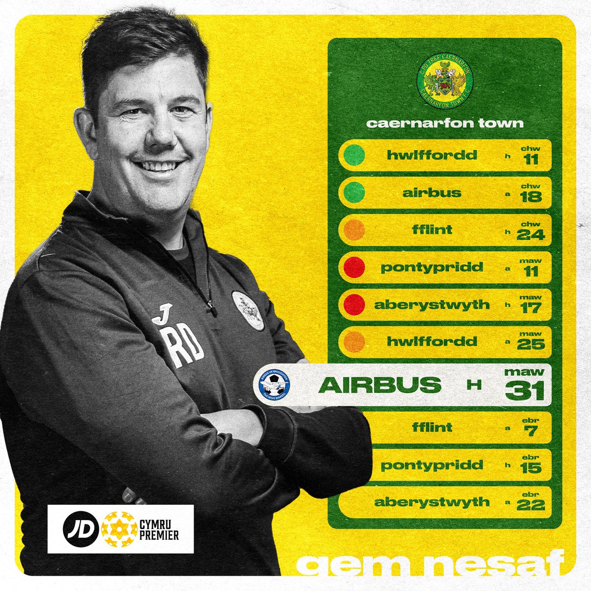 GwionThomas's tweet photo. 🟡🟢 Gutted bo’ fi methu neud hi i Aber heddiw gan mai hon fydd fy gêm olaf o bosib yn creu graphics @CaernarfonTown. 
Er fod y tymor ddim wedi mynd yn grêt ar y cae, dwi di dysgu gymaint o’r profiad a fedra i ond diolch i bawb sy’n rhan o’r clwb, yn enwedig Paul, Ger a Fish 🟡🟢 https://t.co/92IjrbZ6rC