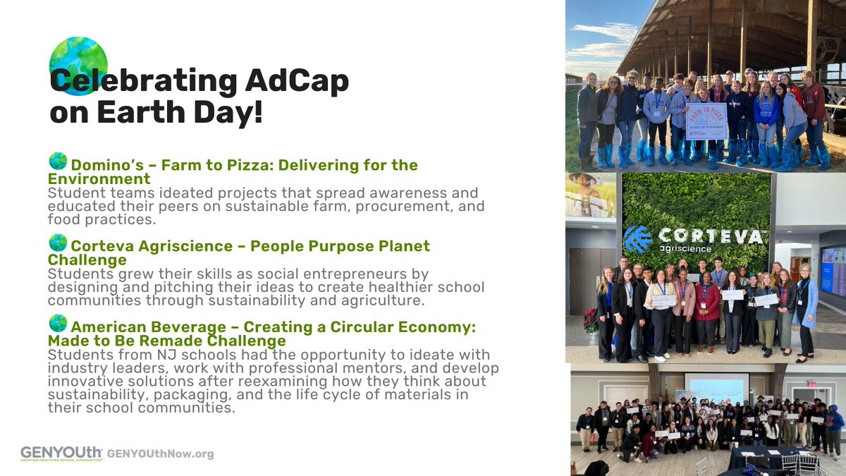 GENYOUthNow's tweet photo. On #EarthDay, we salute the youth leaders who are helping to lead the way to a greener future through our AdVenture Capital program! We thank our partners @dominos, @CortevaUS, &amp; @AmeriBev, who worked with students to develop sustainable solutions for their school communities. https://t.co/oWBFtZUgay