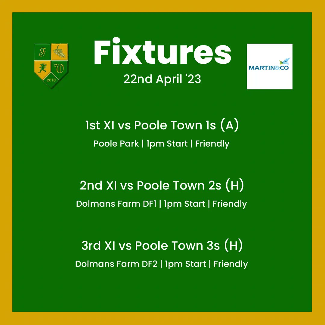 FWCricket's tweet photo. π¨ TEAM NEWS!!! π¨
Here it is (weather permitting)β¦ the first games of the 2023 campaign.
Your teams for todays games against Poole Town.
Good luck to everyone playing today! The 1st XI game can be followed live on Play Cricket.
#upthefern #greenandgold #fletchback #cricket https://t.co/eHRDQ2asa4