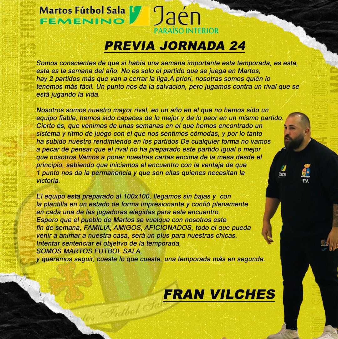vilcheles21's tweet photo. ( Previa jornada 24 )
-"Necesitamos a casa Familiar, amigo o aficionado que pueda bajar al pabellón animarnos"
-" Un punto nos da la permanencia"
-"confío en casa una de las jugadoras"
-"Somos Martos Futbol Sala y queremos quedarnos en segunda"
#somosfutsalfem
#somosMFS
🍍🌩️💛 https://t.co/oubEKaKwCR