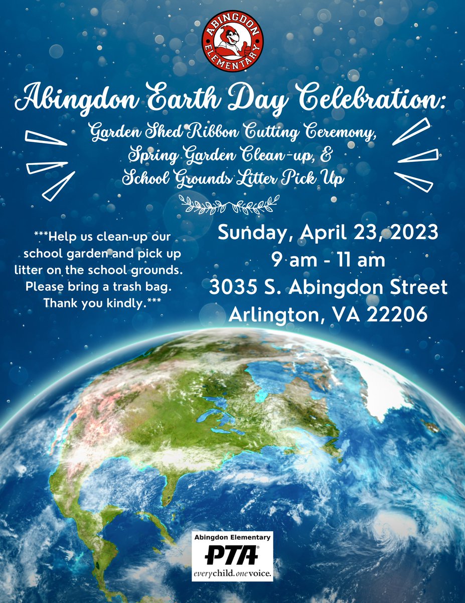 AbingdonPTA's tweet photo. 📷You're invited to an Abingdon Earth Day Celebration tomorrow to pick up litter &amp; clean-up the garden.  We'll have a ribbon cutting ceremony to spotlight Yorktown h.s. student &amp; Troop 106 Scout Thomas's phenomenal Eagle Scout project - a custom built garden shed - for Abingdon! https://t.co/Wu4h6neWxS