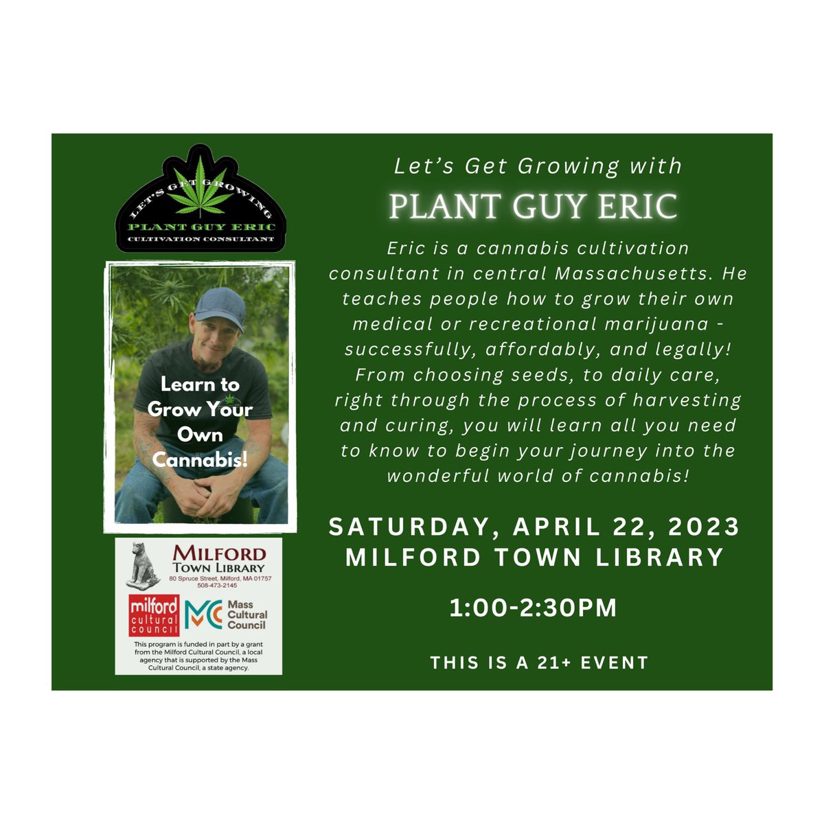 PlantGuyEric's tweet photo. Come see us at @MilfordMALib in #milfordMass this afternoon to learn how to grow your own cannabis! Funded by @masscultural council &amp; Milford cultural council! @MilfordMAPatch @milforddaily #plantguyeric  
😎🌱👍🏼 https://t.co/8Dtu6j12pi