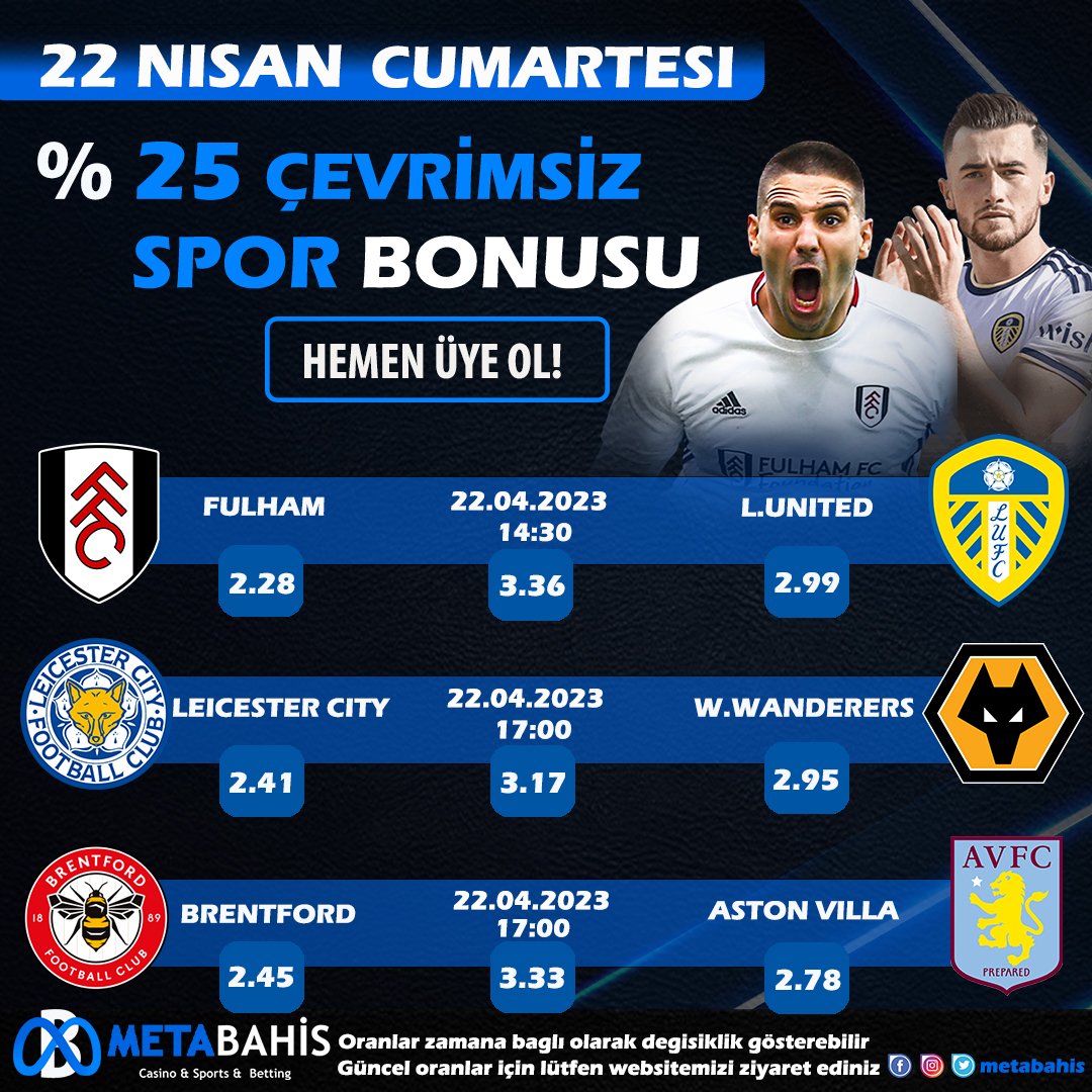 #METABAHİS İLE EN YÜKSEK ORANLARLA GÜNÜN MAÇLARI!

🏆 METABAHİS İLE OYNADIKÇA YÜKSEK KAZAN!

⚽️ GÜNÜN EN ÇOK TERCİH EDİLEN KUPONLARI!

🎁 %25 SPOR BONUSU!

💰 %30 SPOR KAYIP BONUSU!

🔗bit.ly/3Z88E18