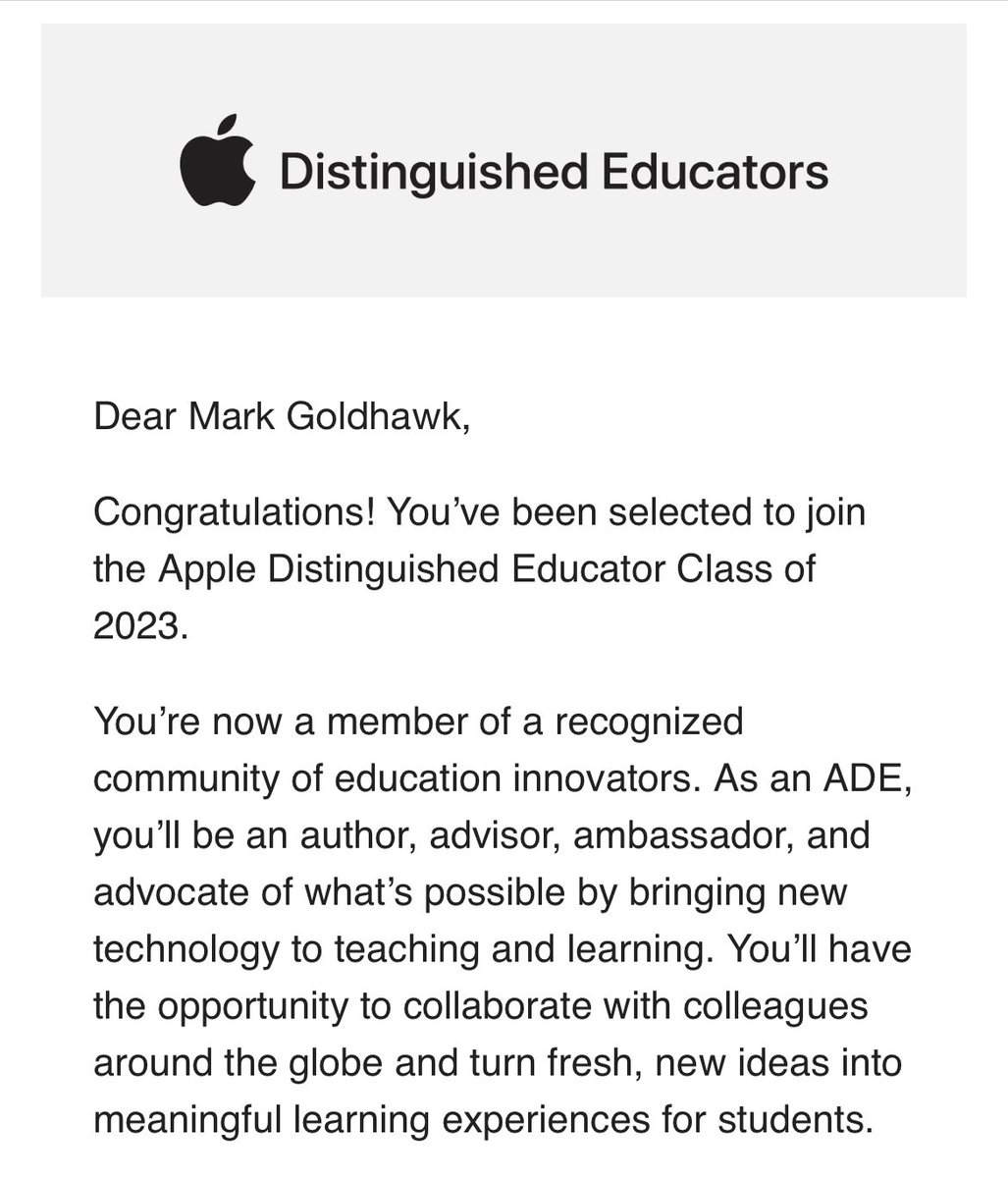 I’m excited to share that I’ve been selected to be an Apple Distinguished Educator and join the #ADE2023 class. I can’t wait to connect and collaborate with this innovative community of educators! #ADE #edtech