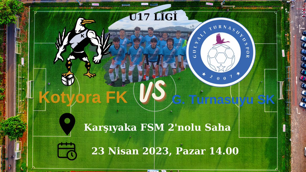 🔥U17 LİGİ 9. HAFTA🔥
⚽ KOTYORAMIZ (U17) - G. Turnasuyuspor (U17)
🗓️ 23 Nisan Pazar 
🕒 14.00
🏟️ Karşıyaka 2 Nolu Saha