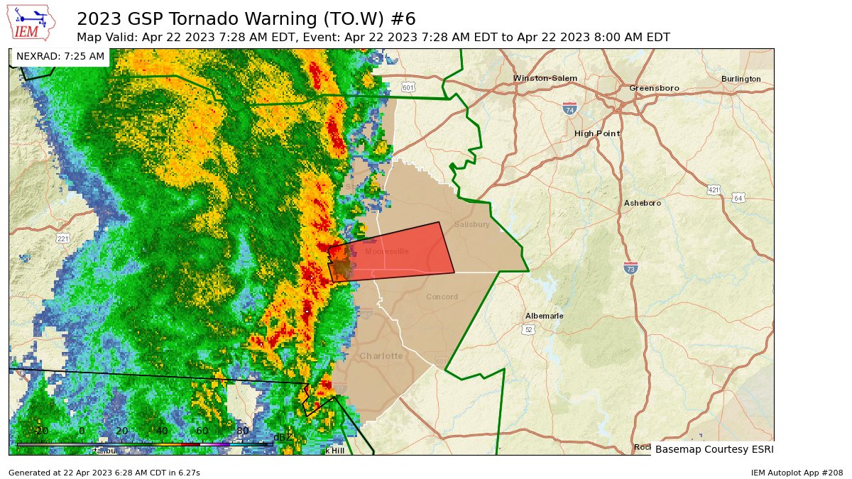 wxbrad's tweet photo. GSP issues Tornado Warning [tornado: RADAR INDICATED, hail: <.75 IN] for Cabarrus, Iredell, Mecklenburg, Rowan [NC] till 8:00 AM EDT https://t.co/DJQrSNLa2K https://t.co/qpVWsbZGCU