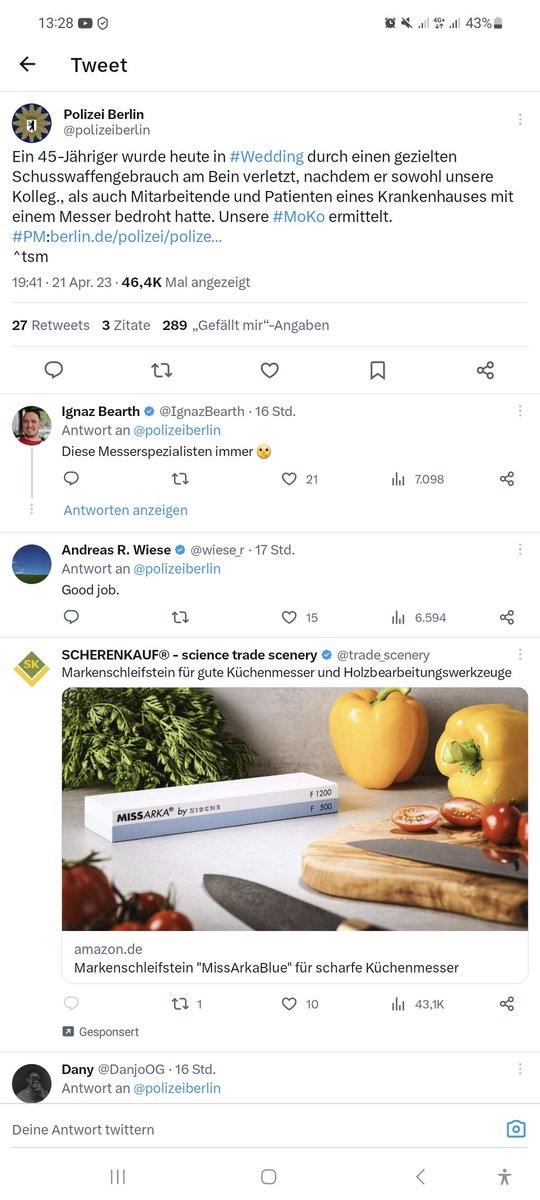 Saykin_1993__'s tweet photo. @polizeiberlin Ich lese euren Beitrag und kriege zeitgleich ne Werbung über nen Messerschleifstein angezeigt 😅🙈 passt ja wieder mal wie die Faust aufs Auge 🙈 https://t.co/CEUzl6X3XJ