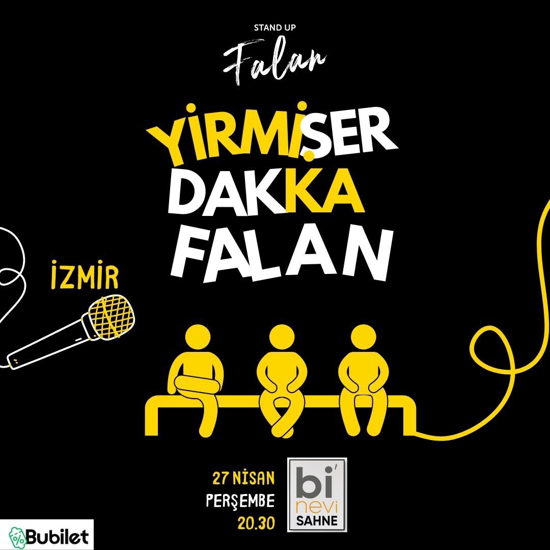 •KONUK STAND-UP•
YİRMİŞER DAKKA FALAN
<a href="/standupfalan/">Falan</a> 

Azat Bozkurt, Uğur Günel, Selman Gökyar, Seda Cabi, Umut Yıldız yirmişer dakikalık stand up gösterileriyle 27 Nisan Perşembe günü saat 20.30'da <a href="/binevisahne/">bi’nevi sahne</a> sahnede.

📅 27 Nisan, Perşembe 20.30
🎫 bubilet.com.tr/izmir/etkinlik…