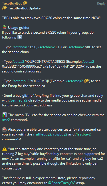 SpaceTaco_OG's tweet photo. 🌮 https://t.co/ngq3xalaPi received another update today!

You can track two #SRG20 tokens at the same time in your groups NOW!

Usage instructions can be seen in the image down below.

Visit https://t.co/XV2lk68xCA for more info!
-
$SRG @SURGEPROTOCOL #Surge #SpaceTaco $TACO https://t.co/AyLmAmHskm