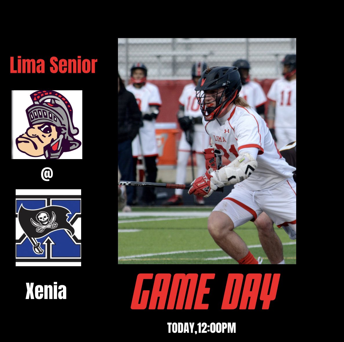 LimaSeniorAthle's tweet photo. It’s GAMEDAY! The Boys Lacrosse team travels to Xenia High School today for a matchup with the Buccaneers!

Start time ➡️ 12:00 pm
Where ➡️ Doug Adams Stadium

#LimaSpartans @LimaCitySchools https://t.co/nbZxGQTbzI