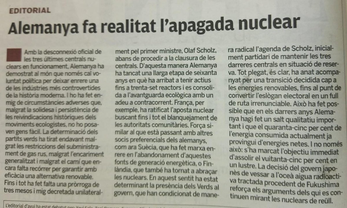 Avui estic al 100% d'acord amb l'Avui. Gran anàlisi i resum d'una realitat exemplar de l'aposta de futur d'Alemanya. @Assumpfarran @CapanFoton @TanquemLNuclear @FuturNoNuclear @OrtegaJordi @SenseNuclears @MIAntinuclear @Greenpeace @dialecsost @TopoSudaka @lorajoler2