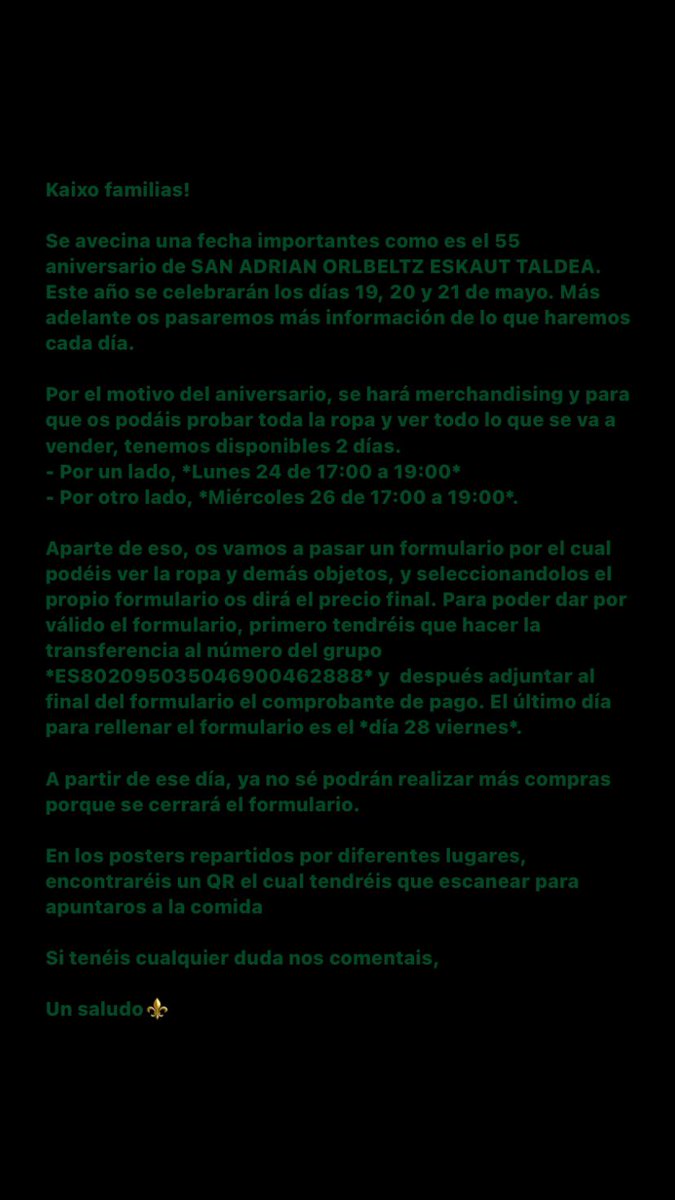 Orlbeltz's tweet photo. Kaixo familias!

Se avecina una fecha importantes como es el 55 aniversario de SAN ADRIAN ORLBELTZ ESKAUT TALDEA. 
 Aqui os dejamos el cartel y los links https://t.co/iS3Uo73vo9