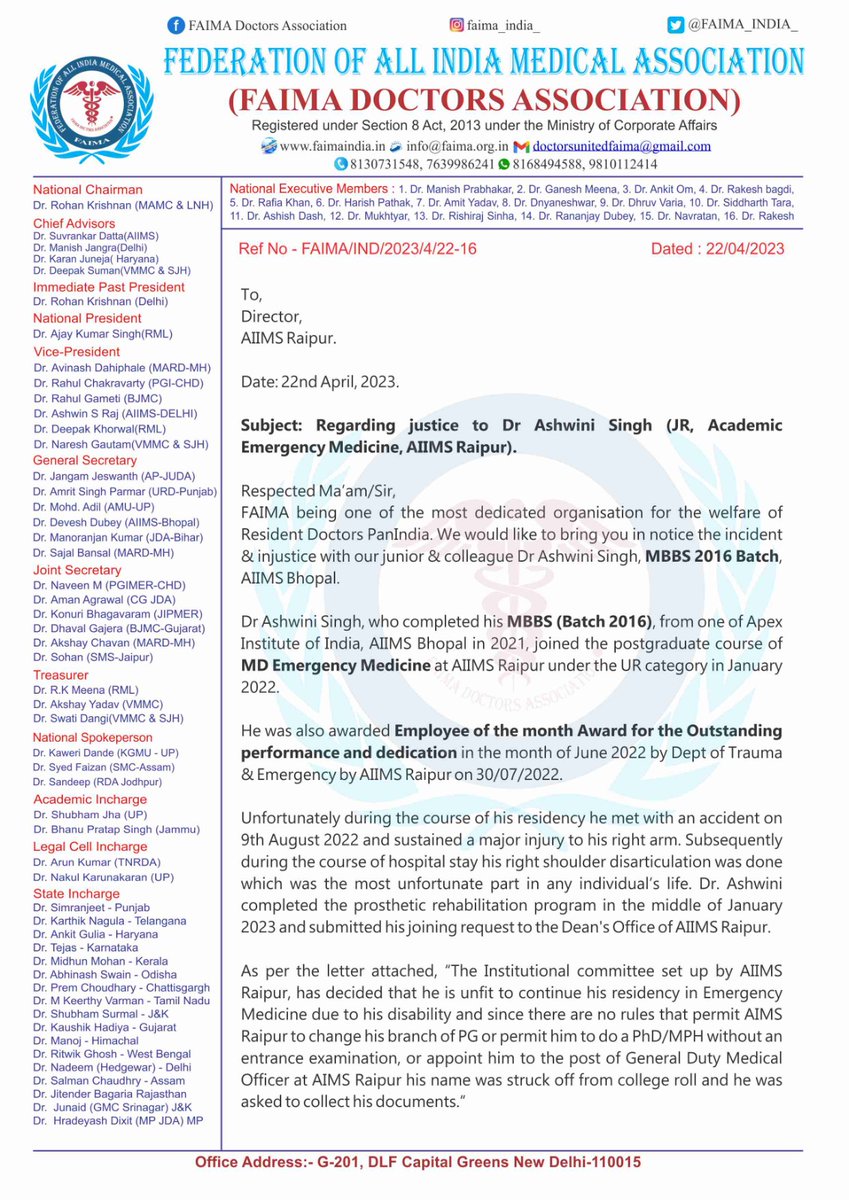 FAIMA_INDIA_'s tweet photo. #Injustice
This is totally an Injustice to a Doctor whose name was stuck off from college because he met an accident &amp; declared unfit by @AIIMSRaipur admin.
Dr Ashwani  worked hard to get MBBS seat in @AIIMSBhopal &amp; later MD Seat in @AIIMSRaipur is suffering without his mistake ! https://t.co/mKeUV7SsWM