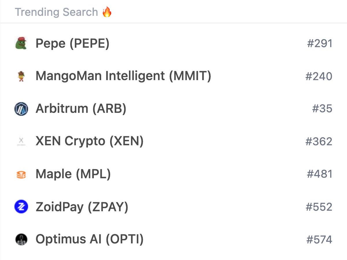coingecko's tweet photo. What #crypto are you watching this weekend? Here's what people are searching for on @CoinGecko 🔍

Top 5 Trending:
• Pepe - $PEPE
• MangoMan Intelligent - $MMIT
• Arbitrum - $ARB
• XEN Crypto - $XEN
• Maple - $MPL

Discover the full list:
https://t.co/NcbfJVF46n https://t.co/dCfg186h9A