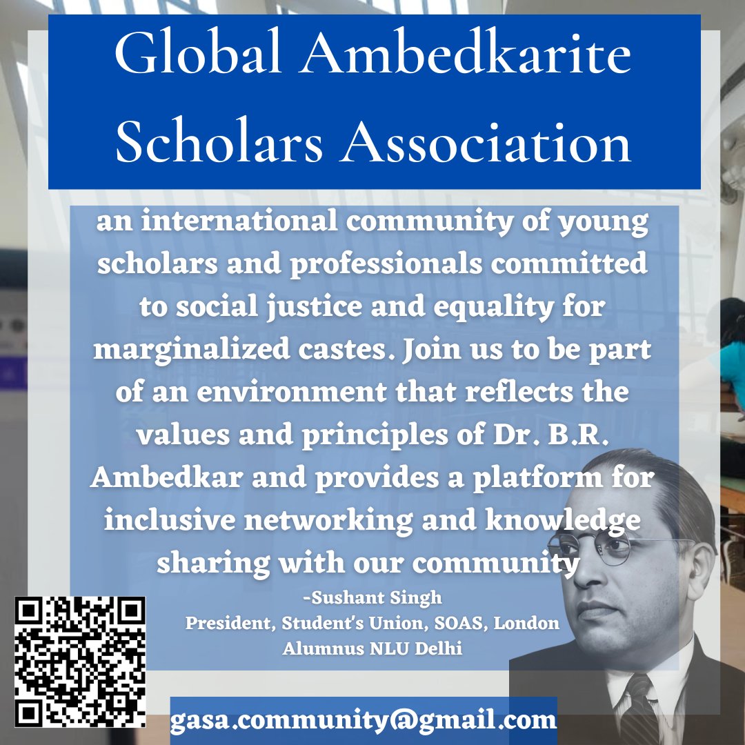 Join (GASA) an international community of young scholars and professionals committed to social justice and equality for marginalized castes. 

Registration Link: lnkd.in/g_xKGPE4
Instagram: lnkd.in/eWCyFbsF
 #GlobalAmbedkariteScholars #SocialJusticeForAll #JaiBhim🌍