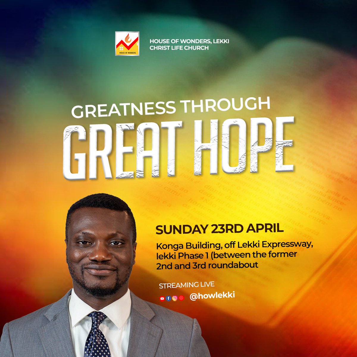 HowLekki's tweet photo. We invite you to join us for our Sunday service by 9:00am tomorrow.
Venue: House of Wonders Lekki
Come and be blessed.
#100MillionSoulsForChrist #howmanchester #howtoronto
#howclc #ImaWonder https://t.co/RFCVwCXb27