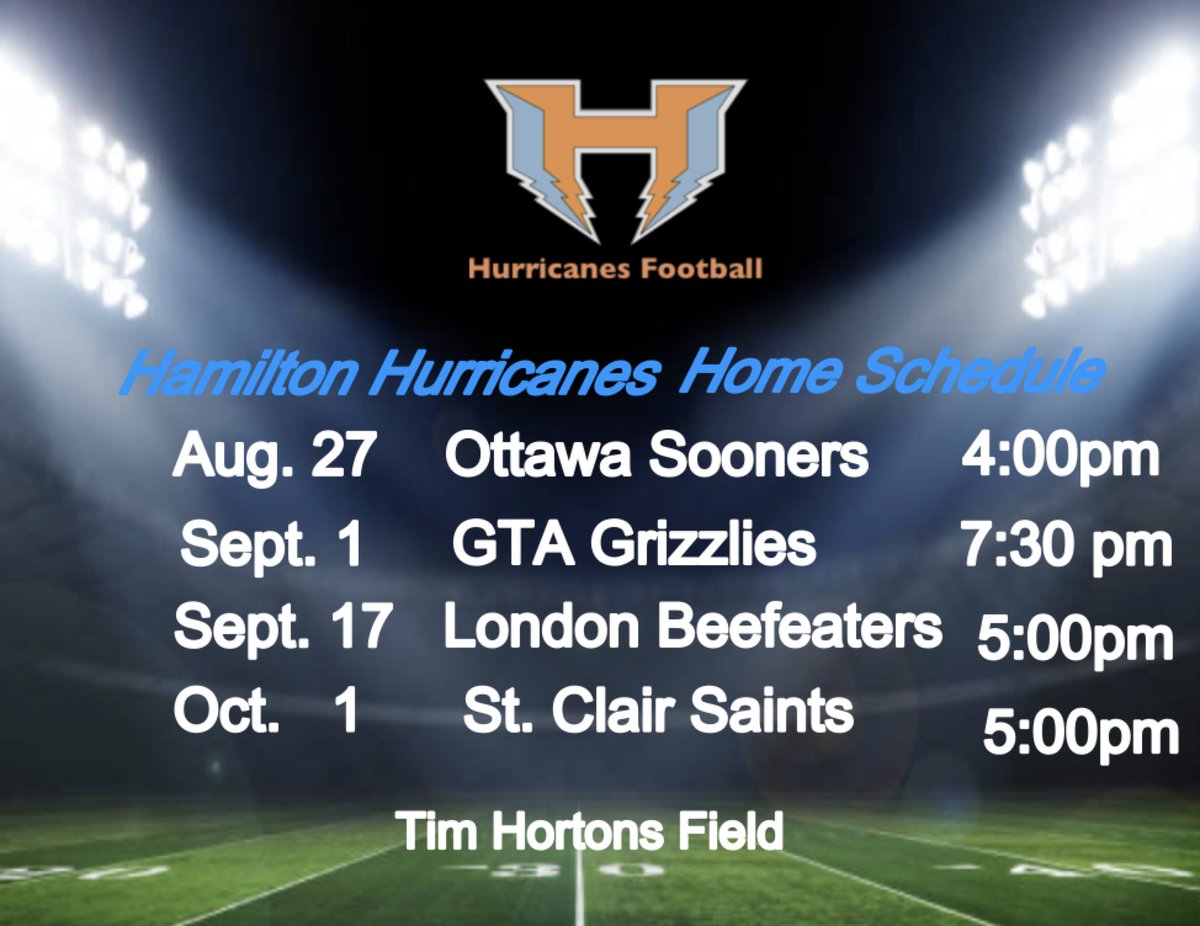 🏈The Hamilton Hurricanes 2023 schedule is out. The <a href="/CanesFootball63/">Hamilton Hurricanes</a>  will return to <a href="/TimHortonsField/">Tim Hortons Field</a> this season and will play their first home game Aug. 27th vs <a href="/Ottawa_Sooners/">Ottawa Sooners</a>. Hamilton is a great football city and this is a chance to get out and support Junior Football.