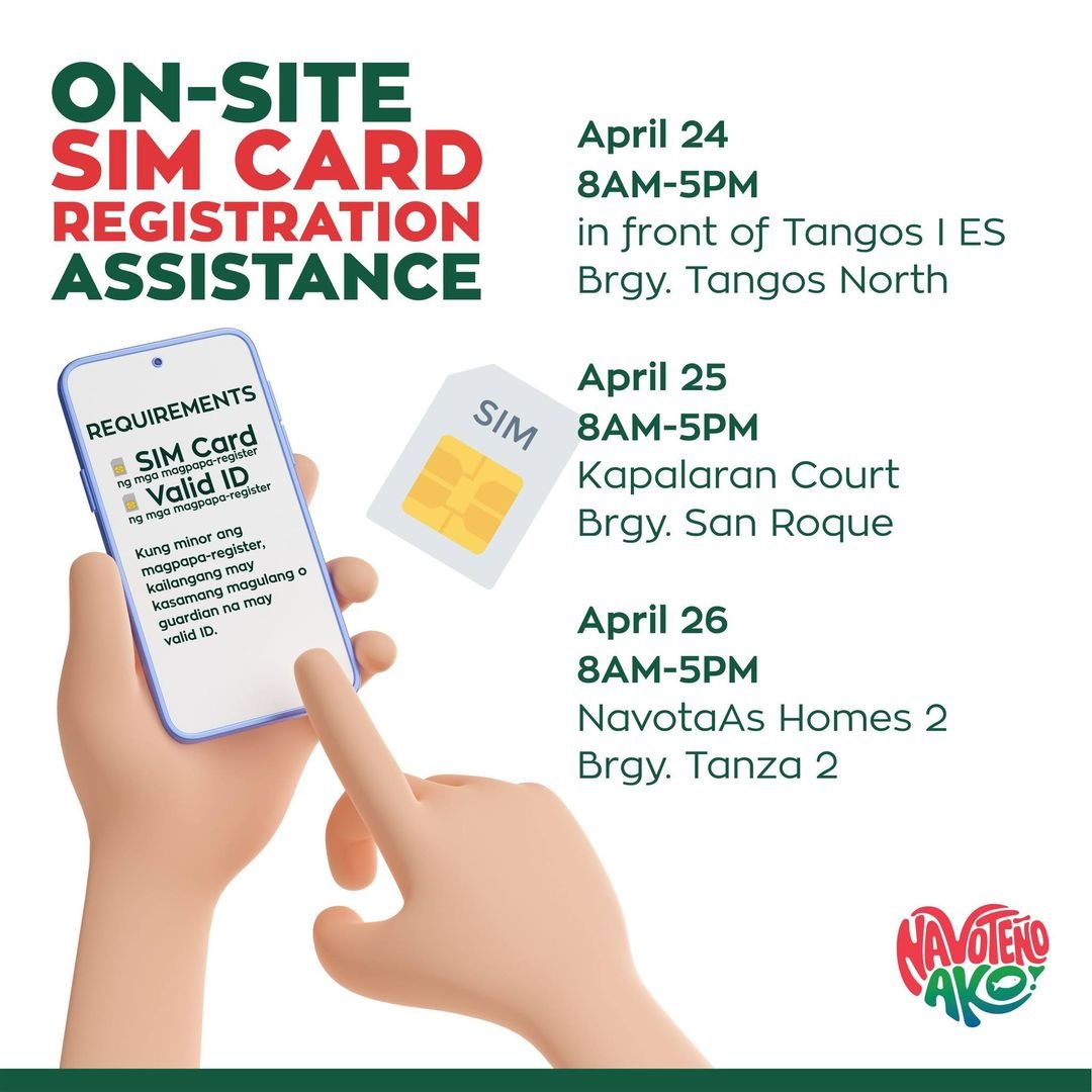 Navotas_City's tweet image. \Narito po ang bagong schedule ng On-site SIM Card Registration Assistance ng Smart Communications, Inc., Globe Telecom, at DITO Telecommunity.

Hanggang April 26 na lang po ang pagpaparehistro ng inyong SIM cards. Mag-rehistro po tayo!

#SIMCardRegistration
#Navotas