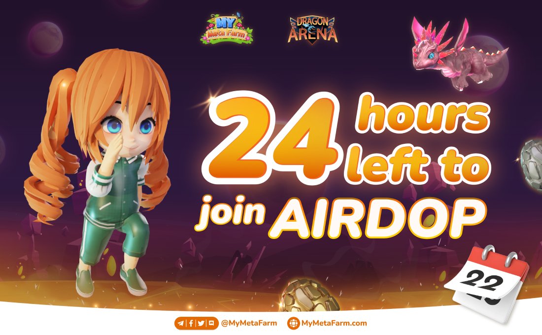 0xtunad's tweet photo. Hey citizens! Only 24 hours left to join the first @mymetafarm x @The_DragonArena #airdrop !
🆓 10 whitelist dragon NFTs
🤩 up to 40 dragon eggs
🌋 Join here: https://t.co/NIR8GR2BzJ
Own to share the game's revenue. Grab your chance NOW or never!
#Giveaway #NFTGiveaways #gaming https://t.co/FCnPMsLc13