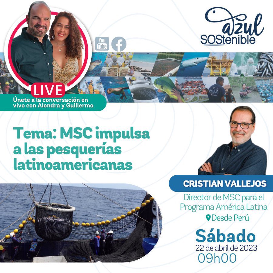 azulsostenible1's tweet photo. 🔴🎥 HOY entrevista con Cristian Vallejos para hablar del Marine Stewardship Council - @MSCenLA y su impulso a las pesquerías latinoamericanas. 

✅ Conéctate a la transmisión por nuestro canal de facebook o YouTube a las 9am (EC)
@MSCecolabel 
@MSCenEspana
@SeafoodExpo_GL https://t.co/XuUT8xBZzz